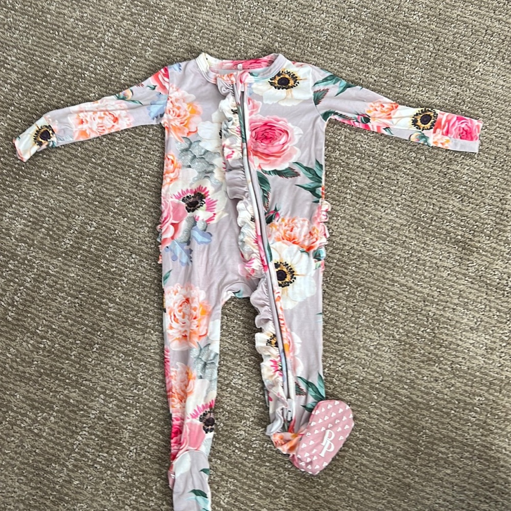 Posh Peanut Footie Ruffled Zipper One Piece Pajamas in French Grey Floral